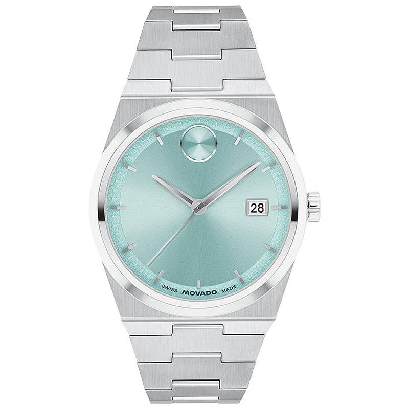 Movado Bold Quest quartz watch with blue seafoam dial, date window, and stainless steel bracelet