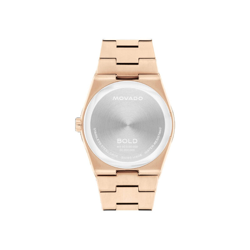 Movado Bold Quest caseback showing brushed finish with Movado and Bold branding