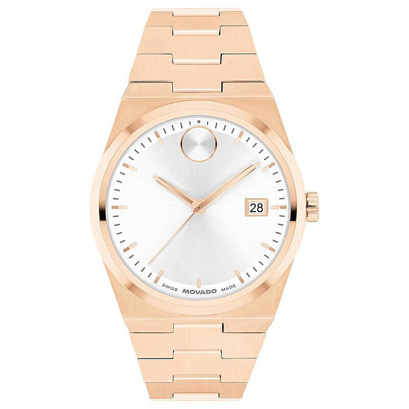 Movado Bold Quest white dial ladies watch with rose gold-tone bracelet and Movado dot at 12 o'clock