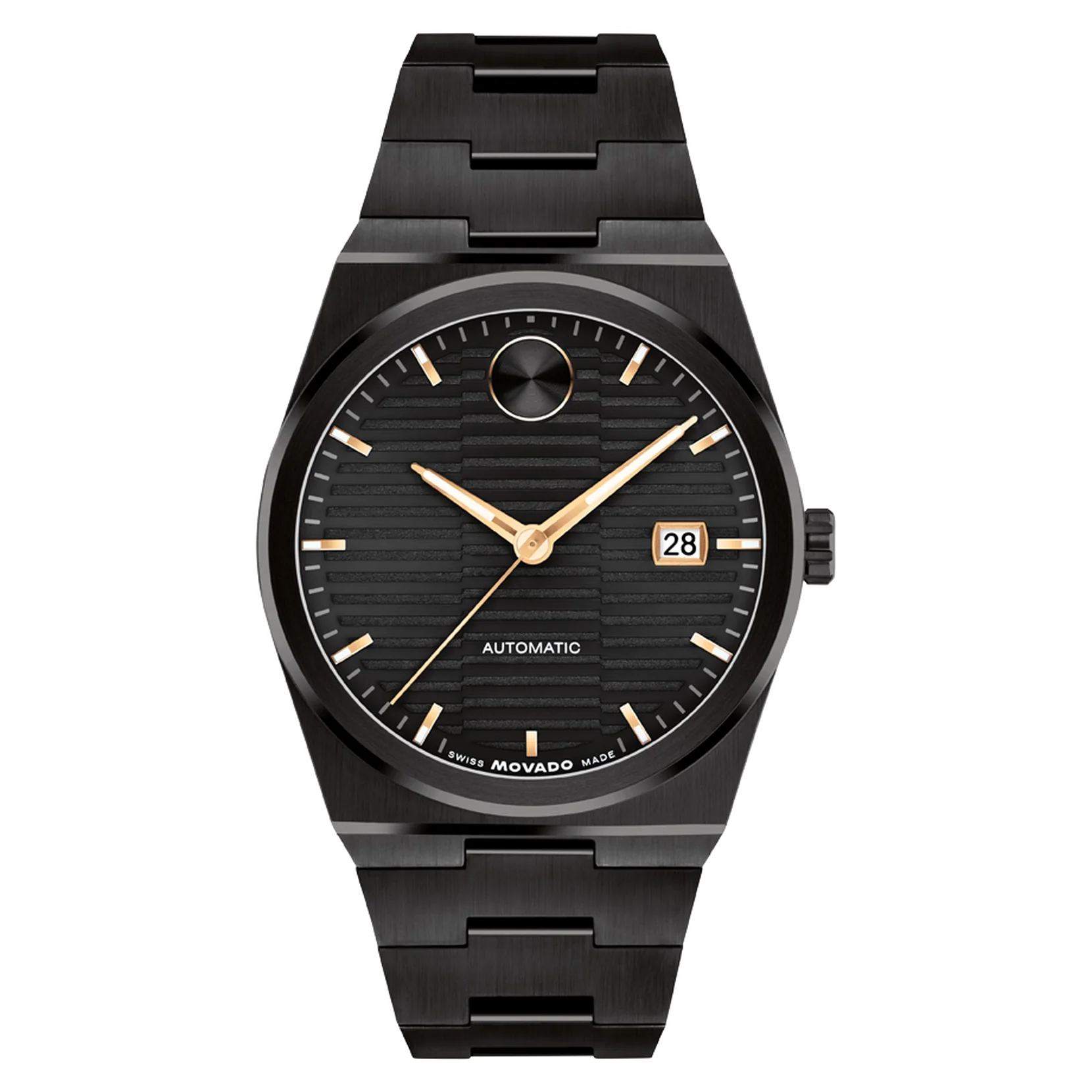 Movado Bold Quest automatic watch with black dial, gold hands, and stainless steel bracelet