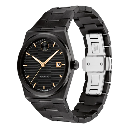 Movado Bold Quest side view showing stainless steel bracelet and watch profile