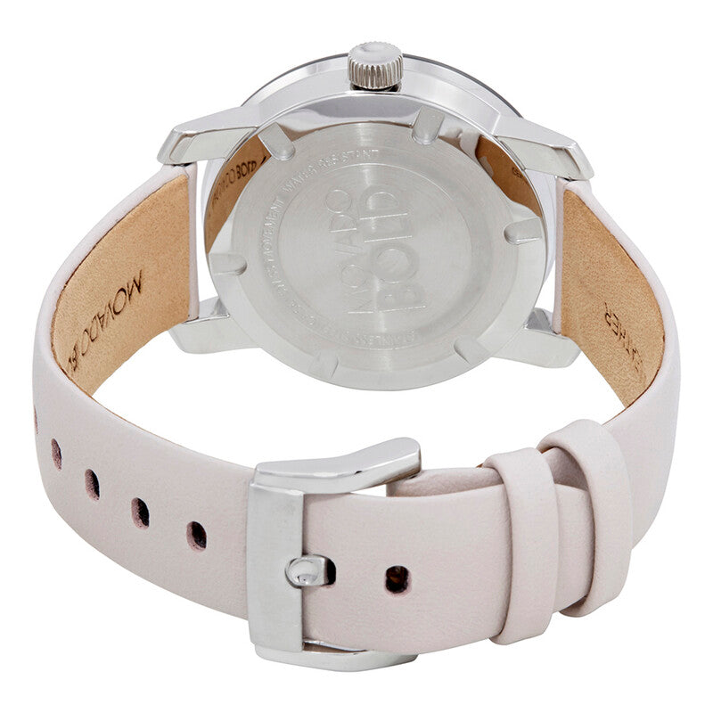 Caseback view of Movado Bold watch showing stainless steel case and pink leather strap