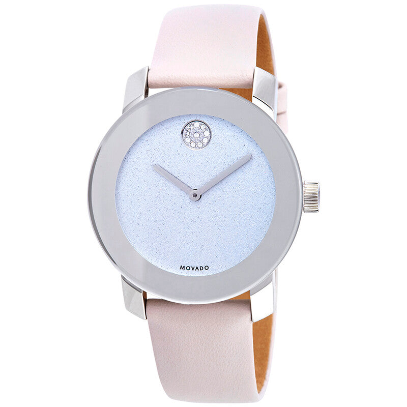 Movado Bold ladies watch with silver glitter dial, stainless steel case, and pink leather strap