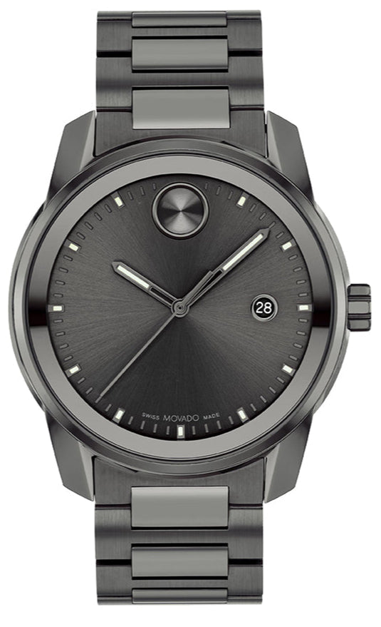 Movado BOLD Verso gunmetal ion-plated bracelet watch with dark dial and minimalist design