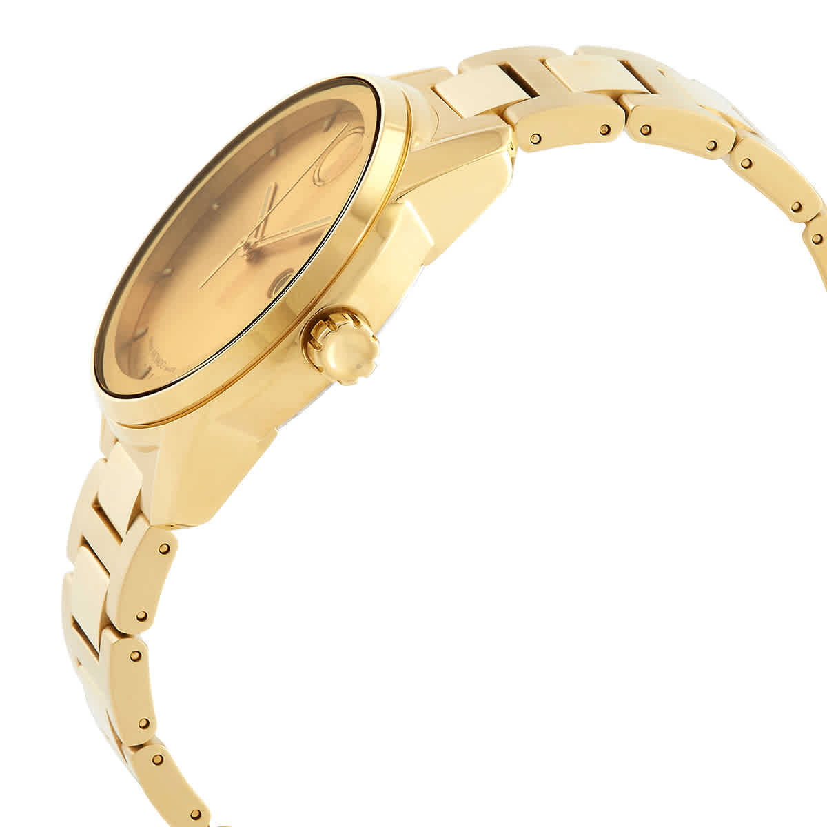 Movado BOLD Verso 42mm goldtone watch in profile showing case thickness and strap