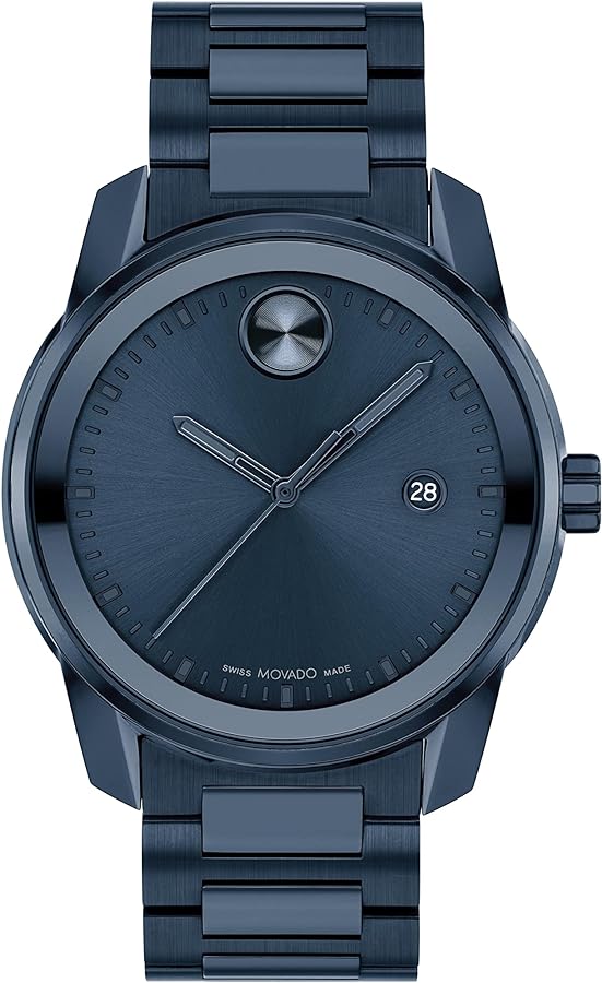 Movado Bold Verso men's watch with blue dial, date window, and metal bracelet