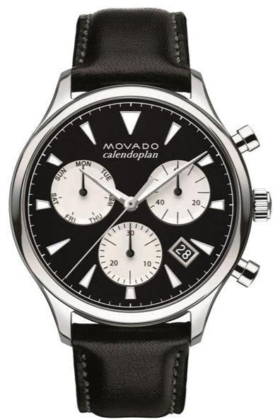 Movado Heritage Chronograph men's watch with black dial, three white subdials, and black leather strap