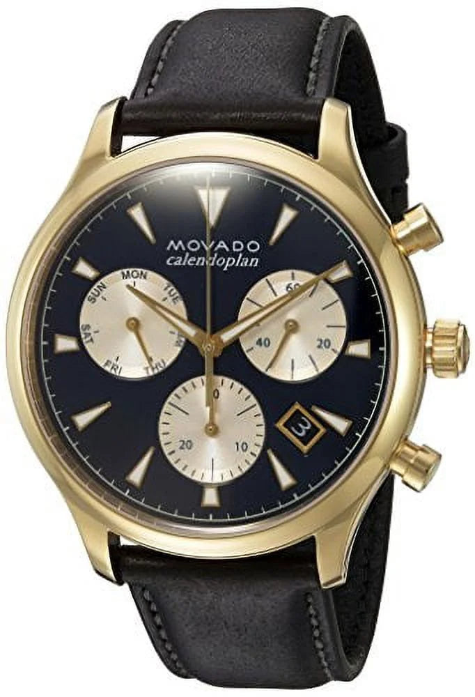 Movado Heritage Chronograph watch showing navy blue dial with gold subdials and black strap
