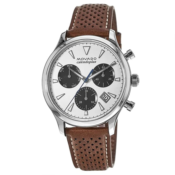 Movado Heritage chronograph with white dial, three black subdials, steel case and brown strap