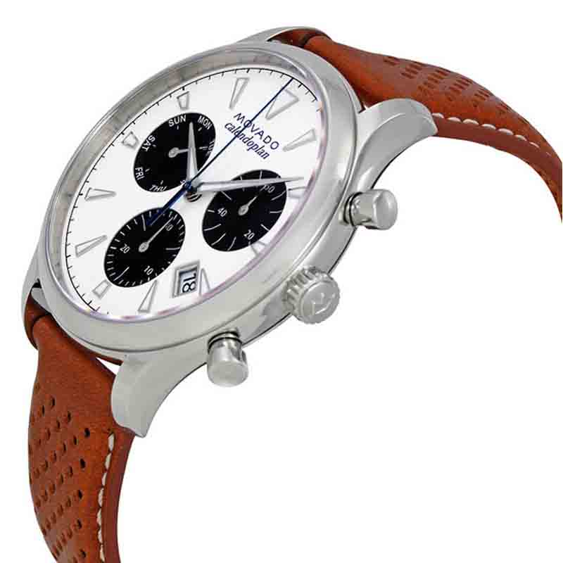 Side view of Movado Heritage chronograph with steel case and brown leather strap detail