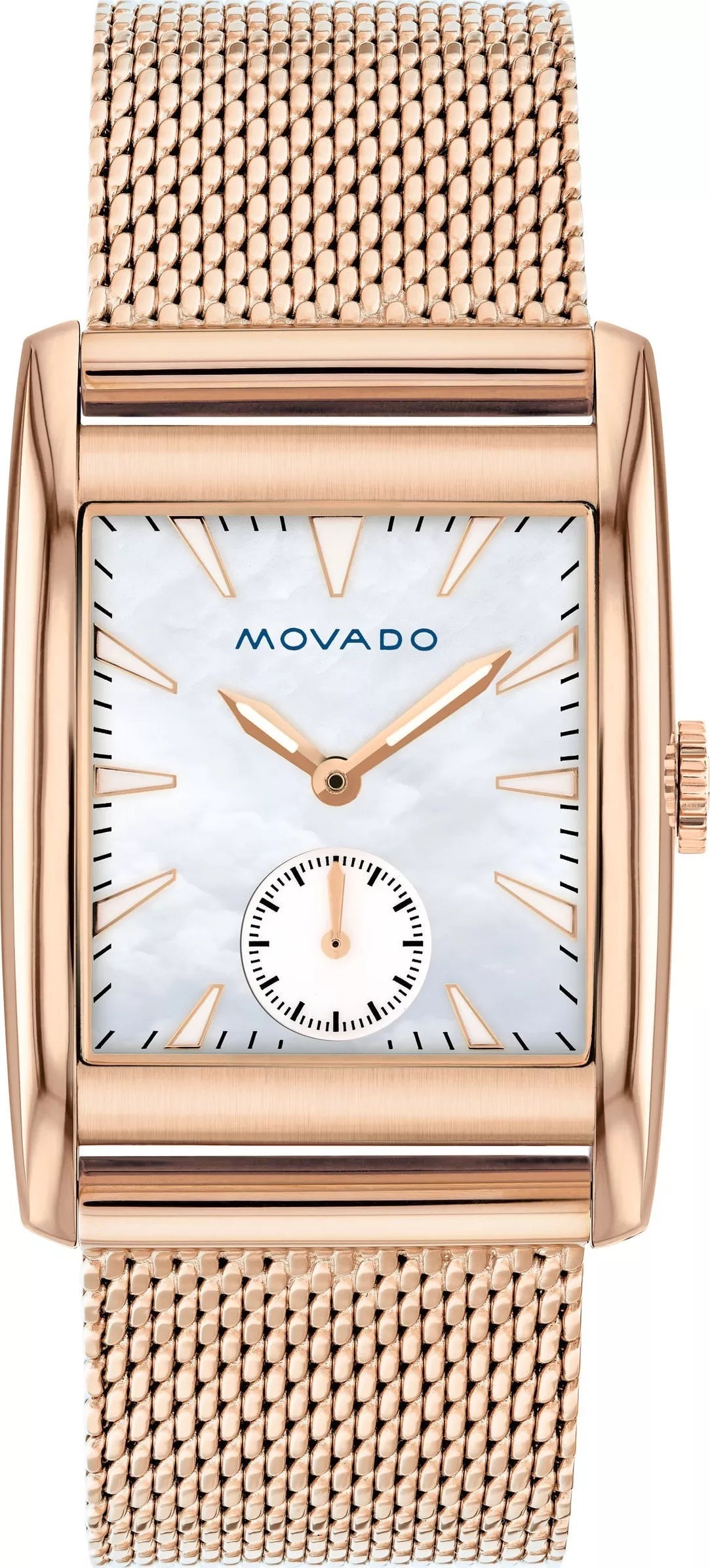 Movado Heritage white mother of pearl dial women's watch with rose gold case and mesh bracelet