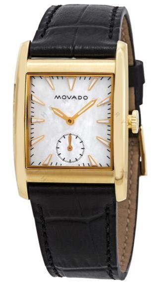 Movado Heritage women's watch with white mother of pearl dial, gold-tone case, and black leather strap
