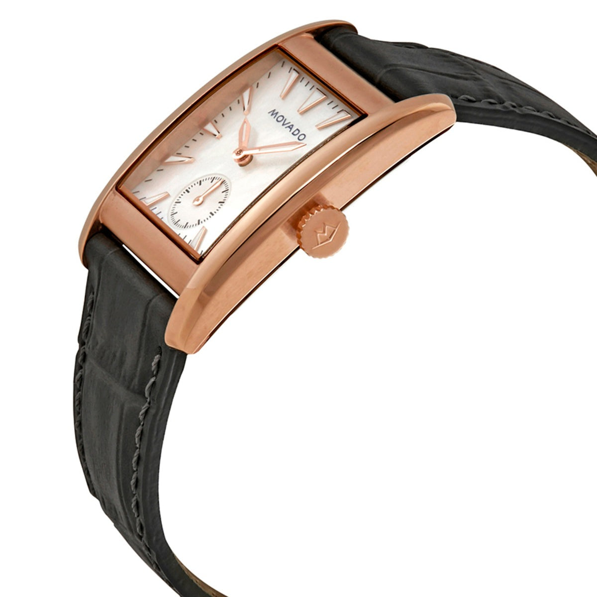 Movado Heritage women's watch angled view showing rose gold case and grey leather strap