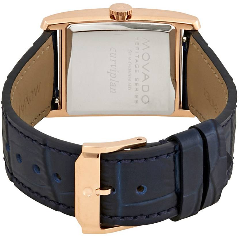 Movado Heritage watch caseback showing engraved branding and crocodile leather strap with rose gold clasp