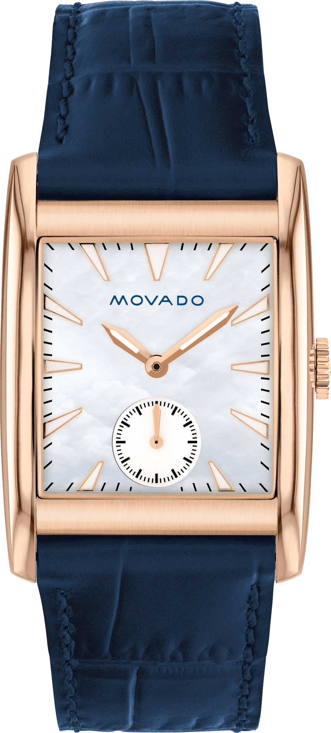 Movado Heritage ladies watch with white mother of pearl dial, rose gold rectangular case, and navy leather strap