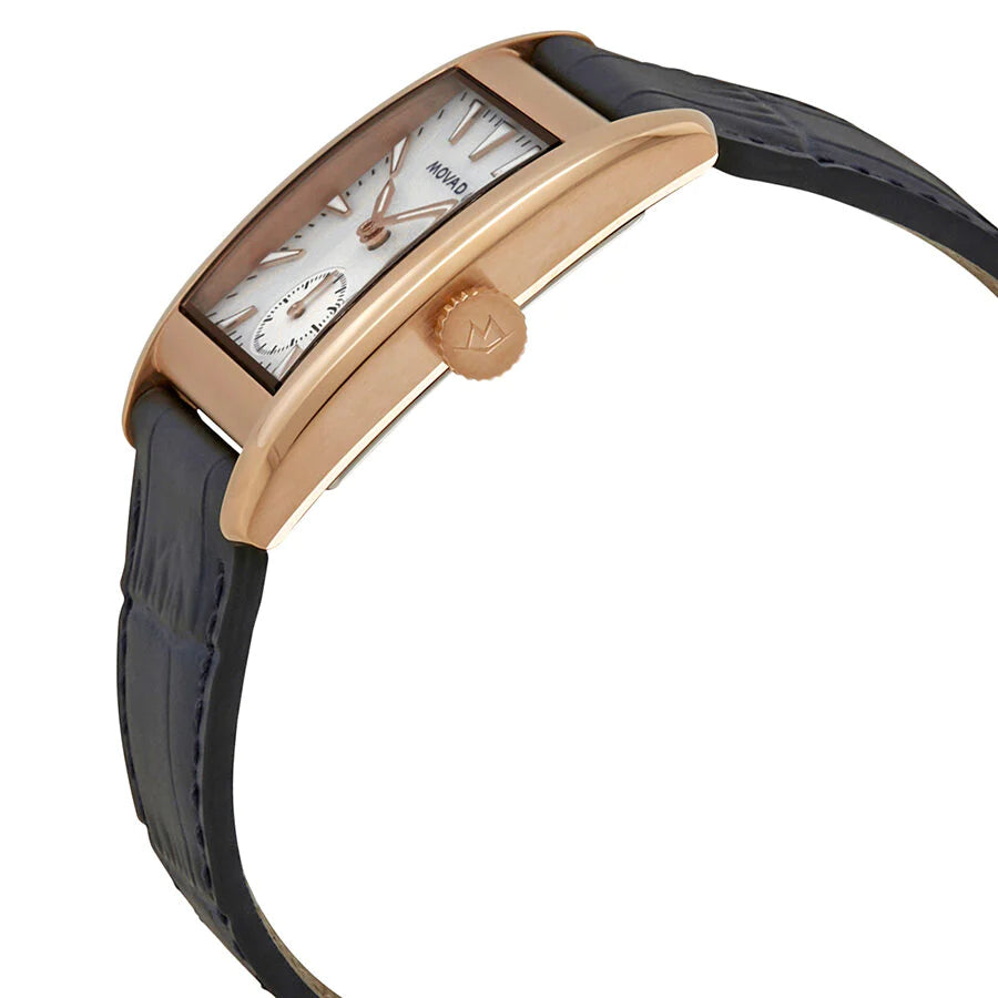 Side view of Movado Heritage watch showing rose gold case profile and navy crocodile-textured leather strap