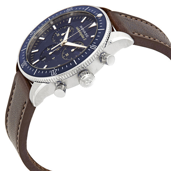 Movado Heritage chronograph showing crown and pushers with brown leather strap