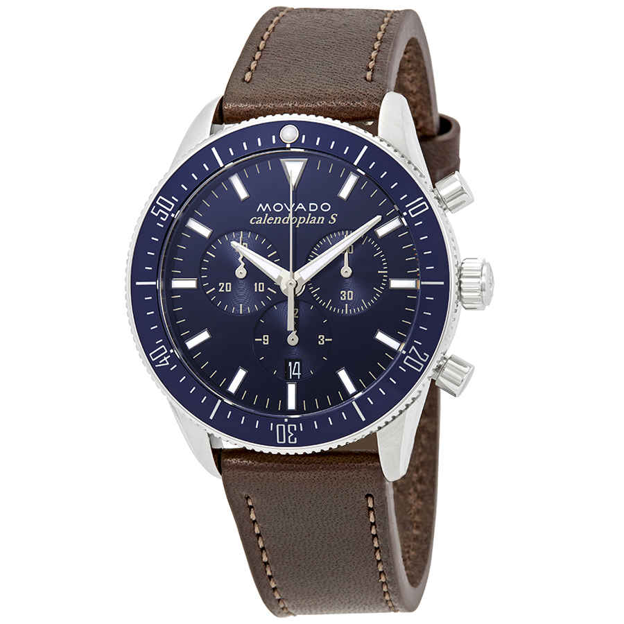 Movado Heritage chronograph watch angled view showing dial and leather strap