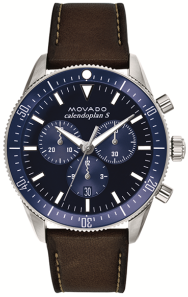 Movado Heritage navy dial chronograph with stainless steel case and brown leather strap