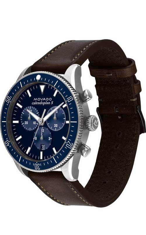 Side view of Movado Heritage chronograph with brown leather strap