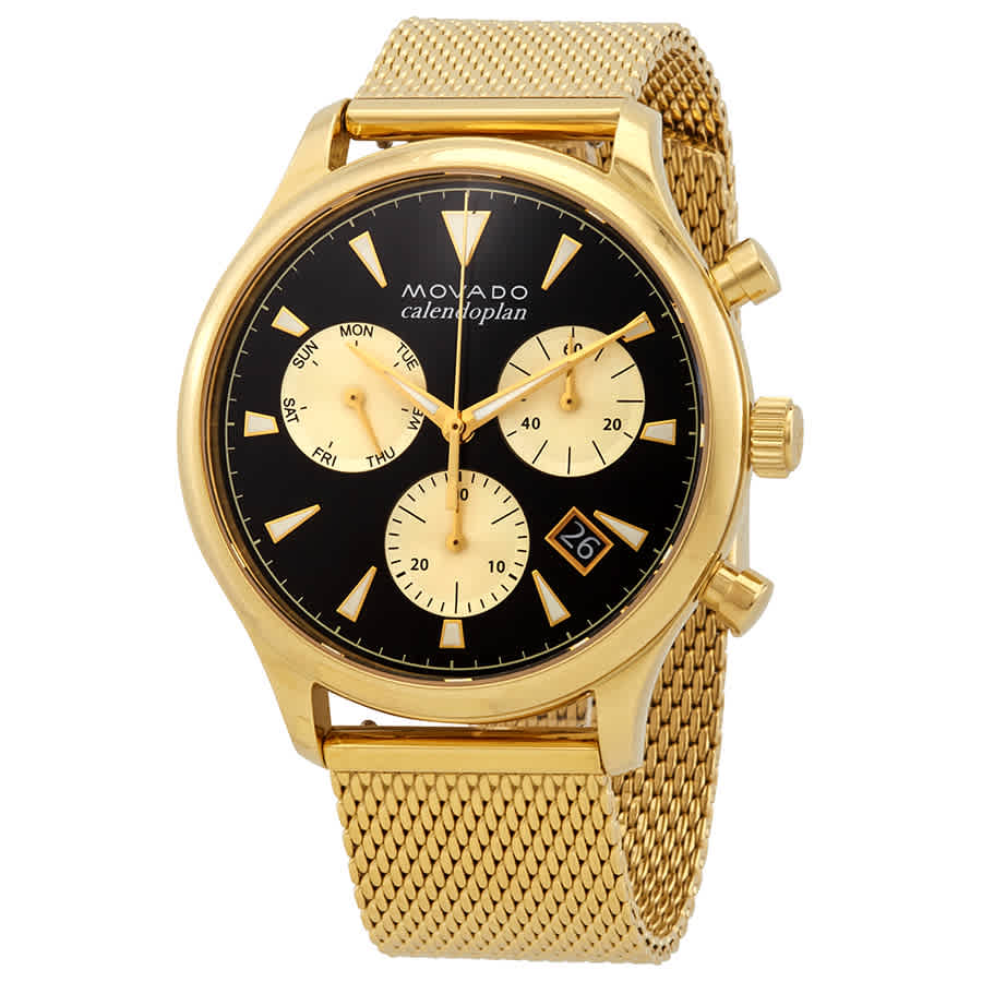 Three-quarter view of Movado Heritage Chronograph showing black dial with subdials and gold mesh strap