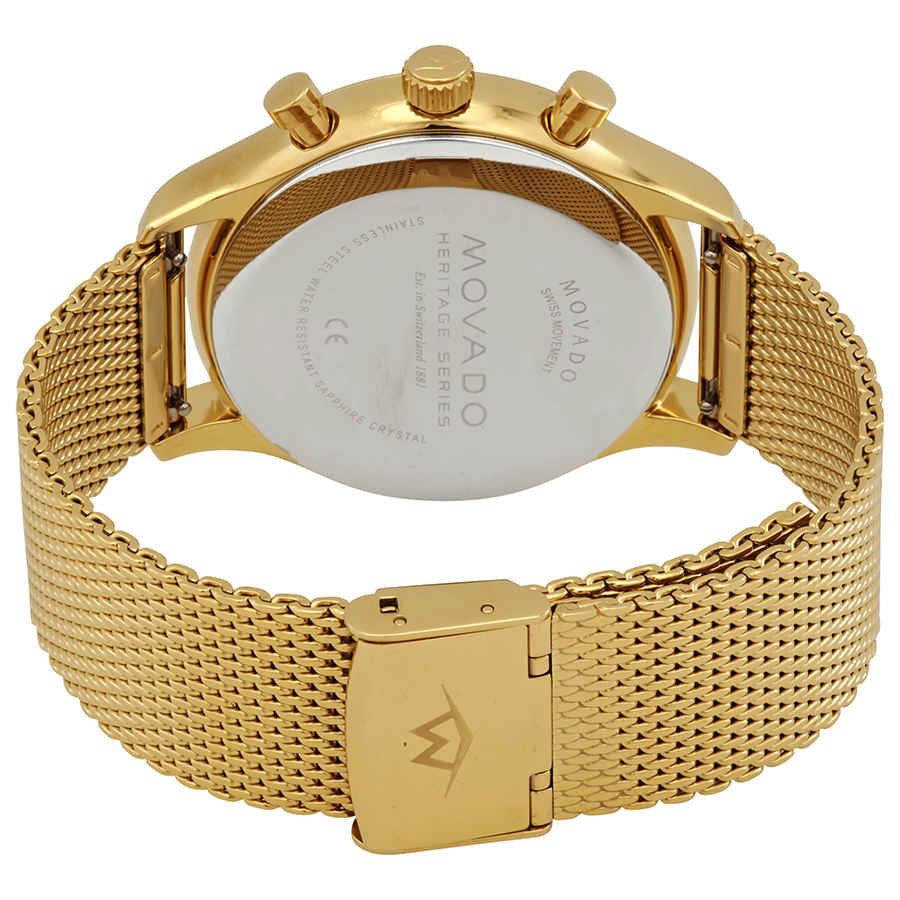 Movado Heritage Chronograph caseback showing engraved case details and fold-over clasp