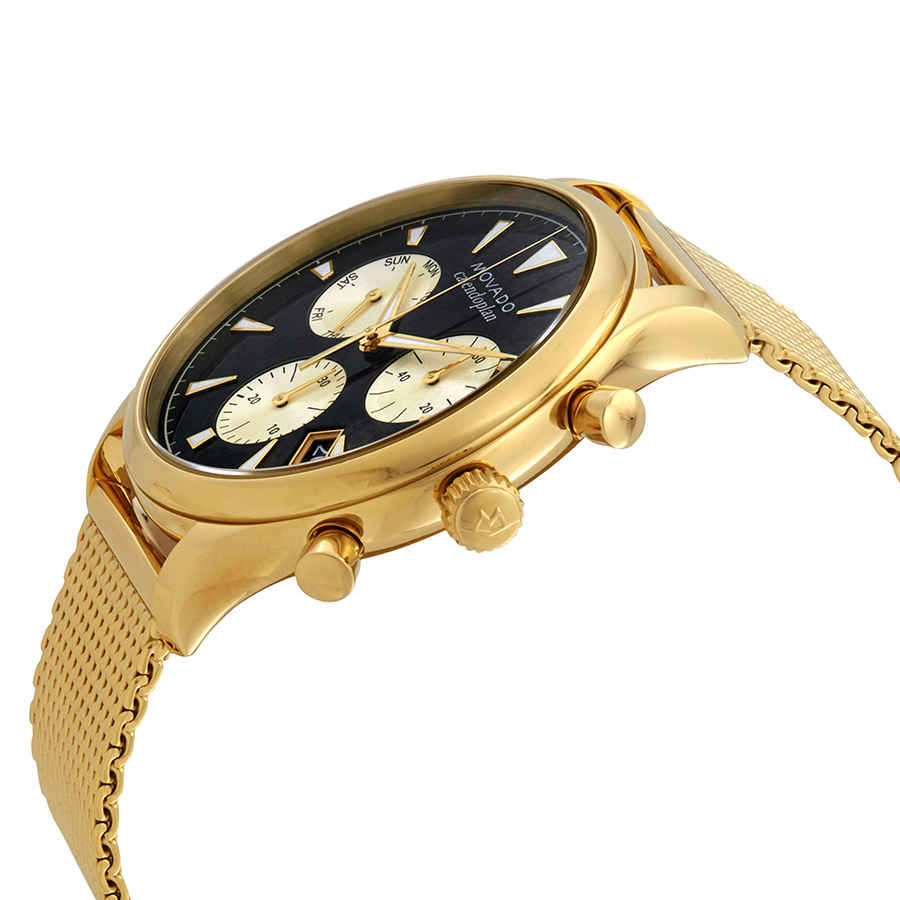 Side view of Movado Heritage Chronograph with gold case, crown, and mesh bracelet