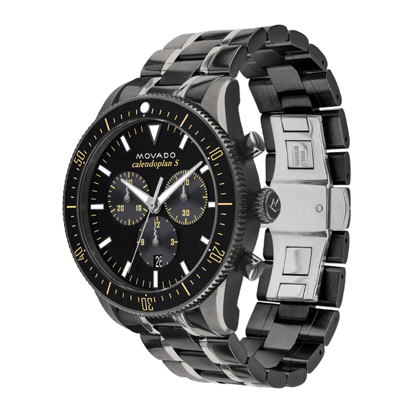Side angle view of Movado Heritage chronograph showing steel case and bracelet profile