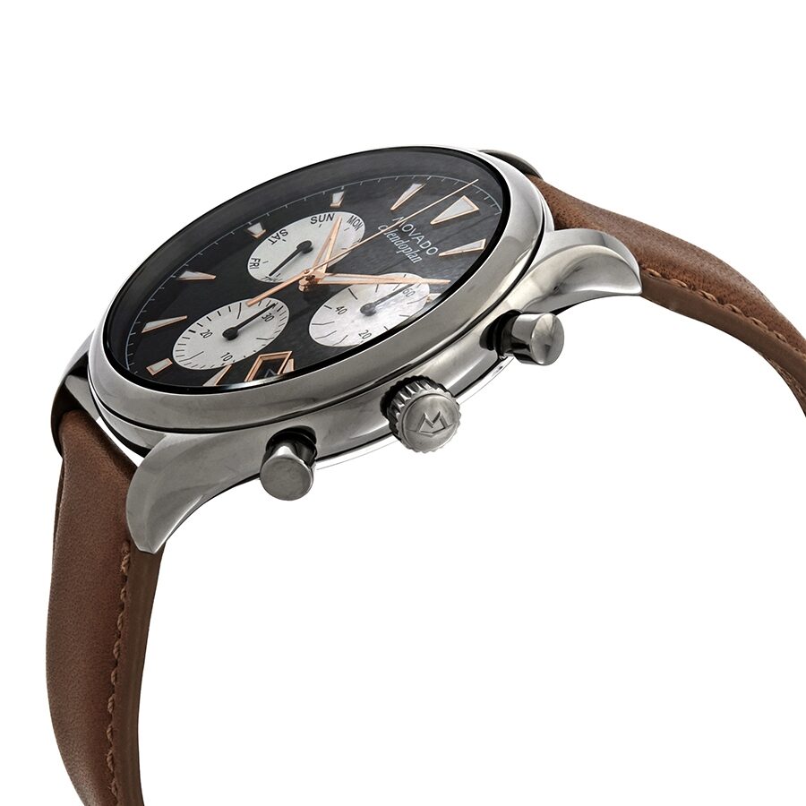 Angled view of Movado Heritage Calendoplan chronograph showing dial, pushers, and brown strap