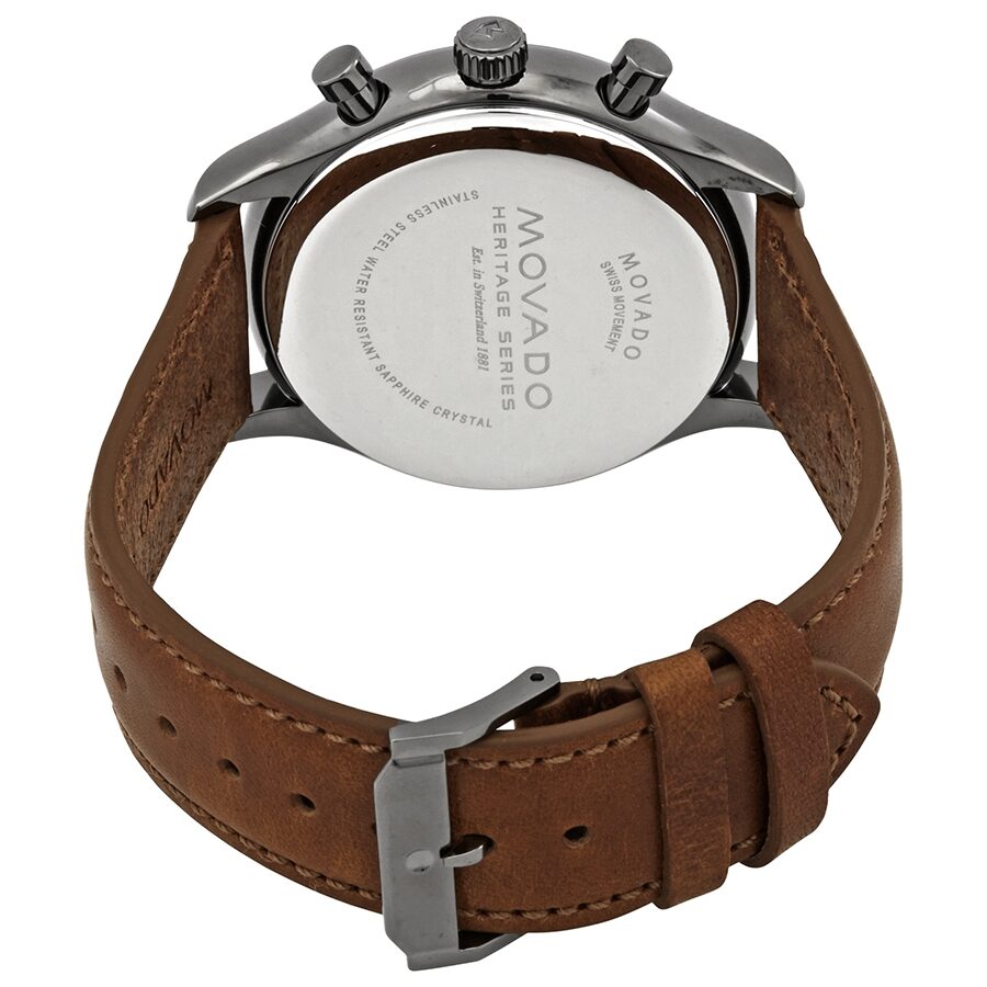 Caseback view of Movado Heritage Calendoplan chronograph with brown leather strap detail