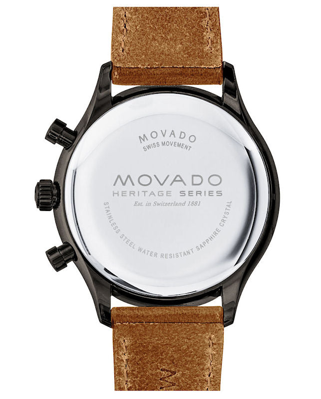 Caseback of Movado Heritage Calendoplan showing engraved dial and water resistance rating