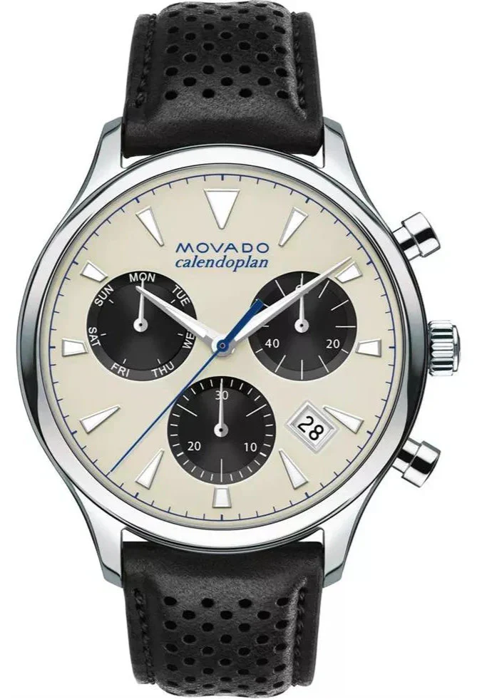 Movado Heritage Calendoplan chronograph watch with cream dial and black subdials
