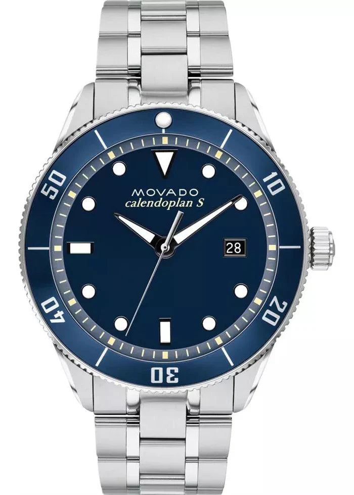 Movado Heritage Calendoplan blue dial men's watch with silver stainless steel bracelet
