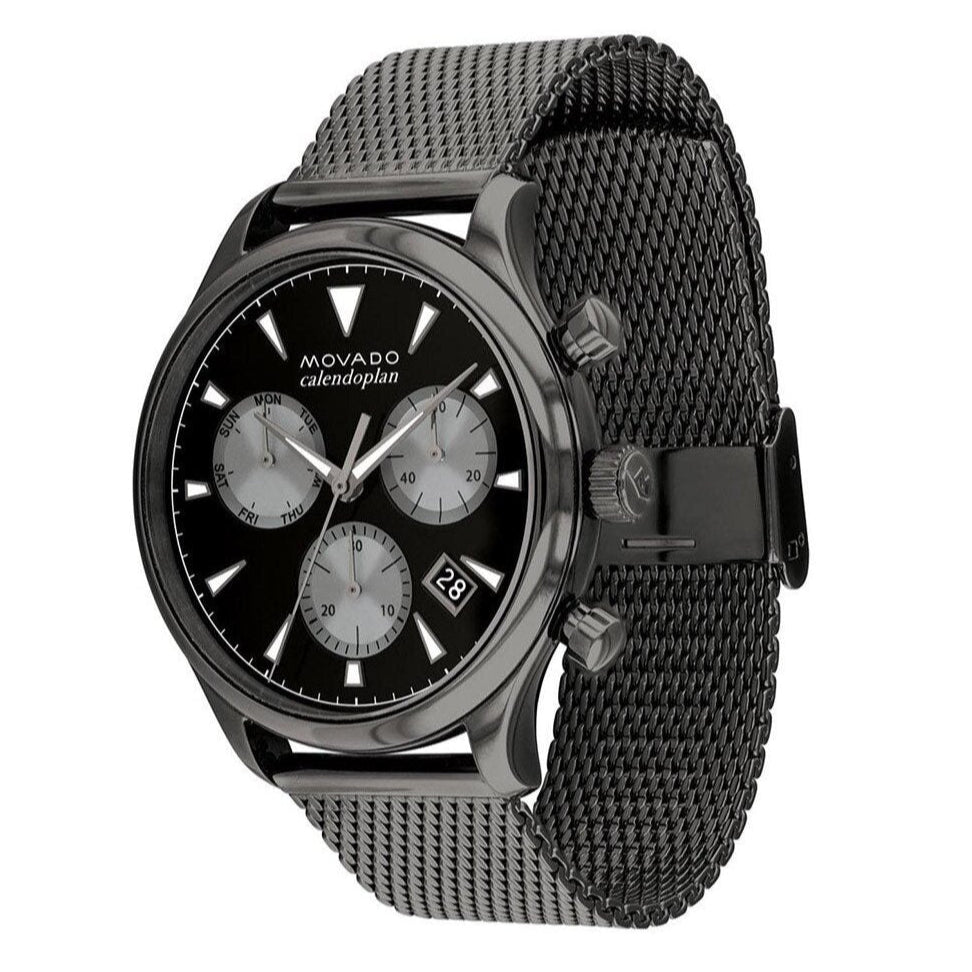 Heritage Calendoplan watch angled view showing grey steel case and black chronograph dial