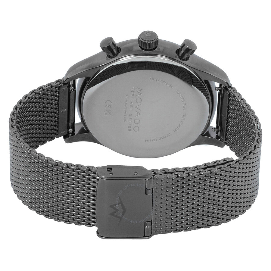 Calendoplan watch case back with grey steel mesh strap and fold clasp