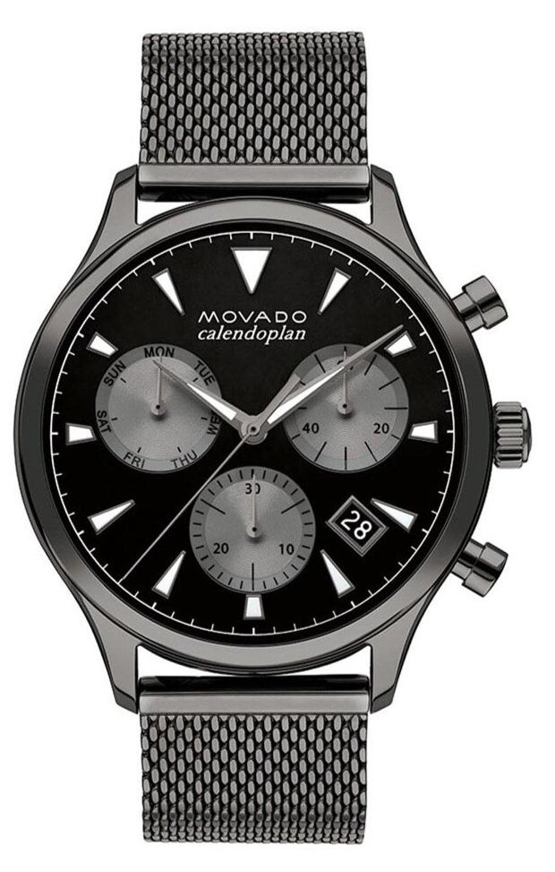Movado Heritage Calendoplan chronograph watch with black dial and grey steel mesh strap