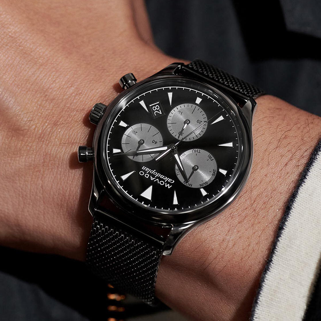 Heritage Calendoplan chronograph on wrist showing black dial with grey subdials