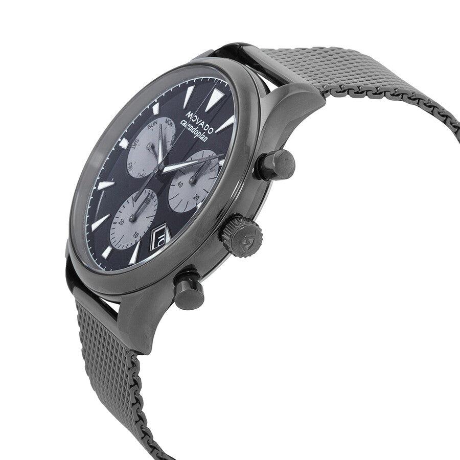 Side profile of Heritage Calendoplan chronograph with grey steel mesh strap