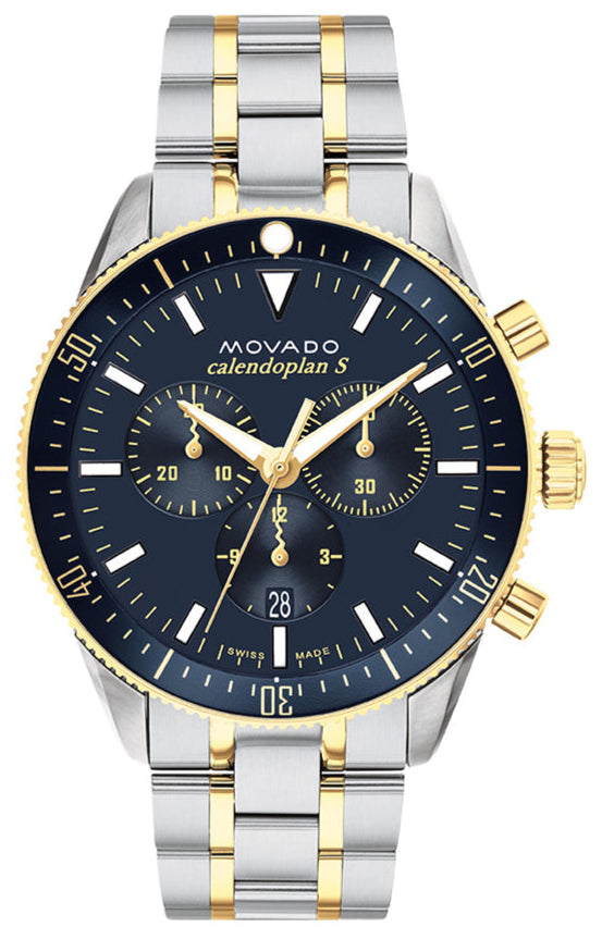Movado Heritage Calendoplan S chronograph watch with blue dial and two-tone bracelet