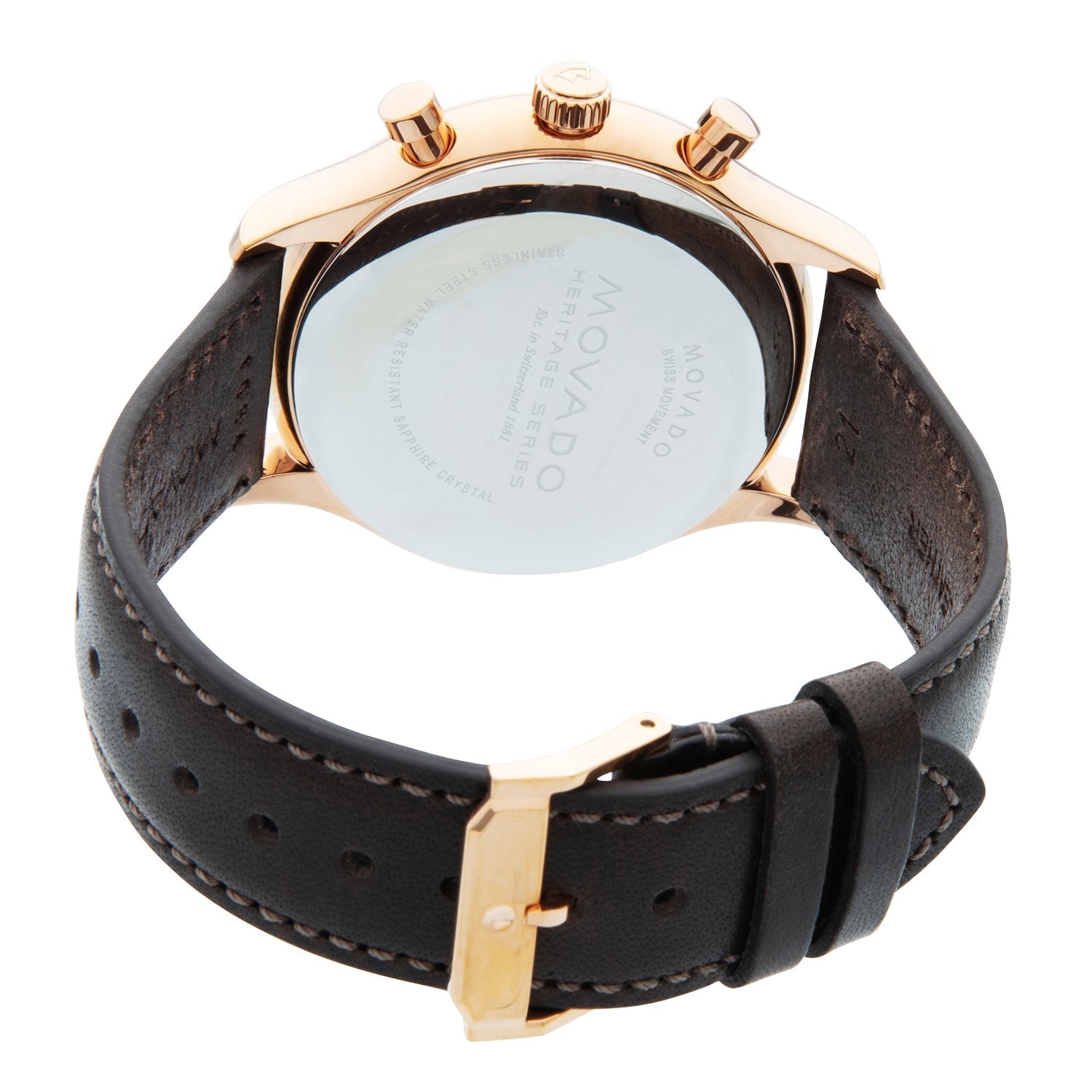 Movado Heritage Chronograph watch worn view showing black leather strap and rose gold case