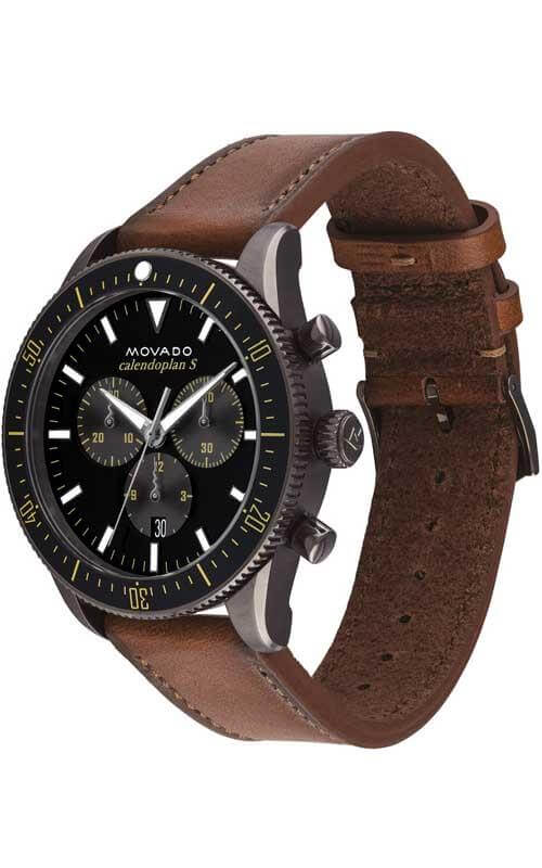 Movado Heritage Chronograph watch angled view showing brown leather strap and black case