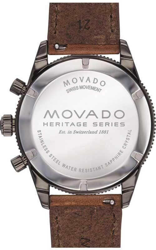 Movado Heritage Chronograph caseback engraved with model name, 'Est. in Switzerland 1881'