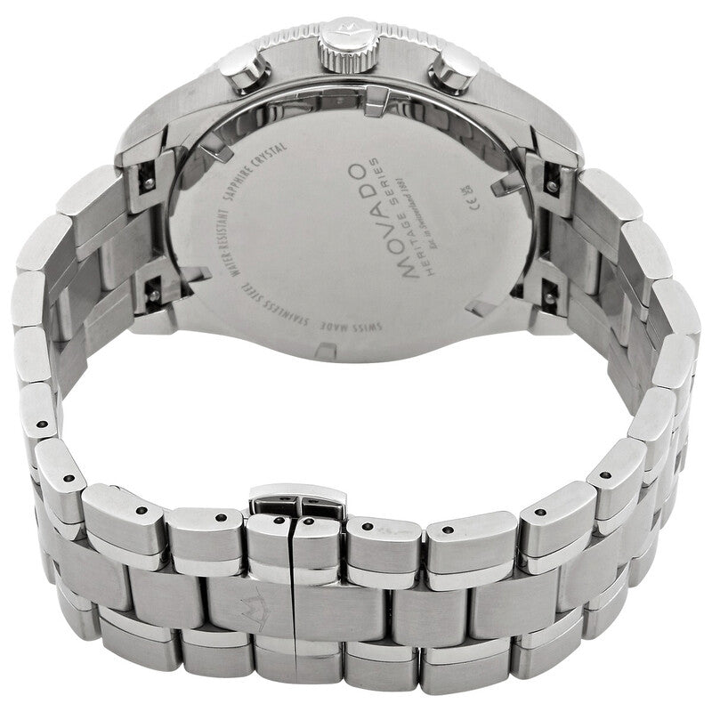 Caseback of Movado Heritage Chronograph showing stainless steel exhibition back