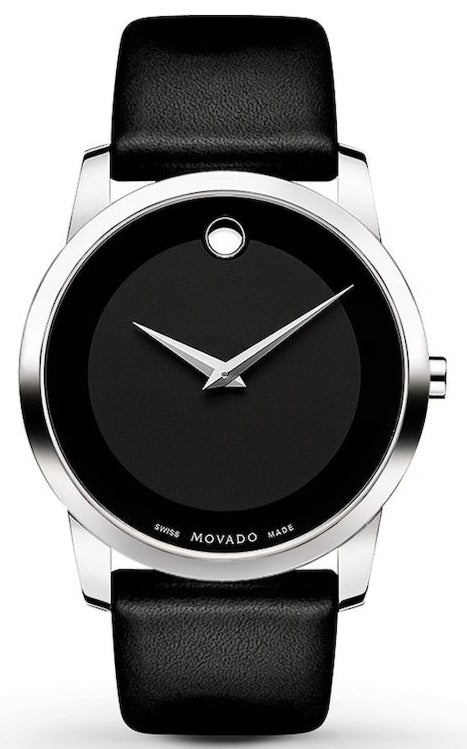 Movado Museum men's watch with black dial, stainless steel case, and black leather strap
