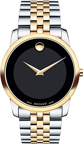 Movado Museum men's watch with black dial, iconic dot, two-tone steel and gold case and bracelet