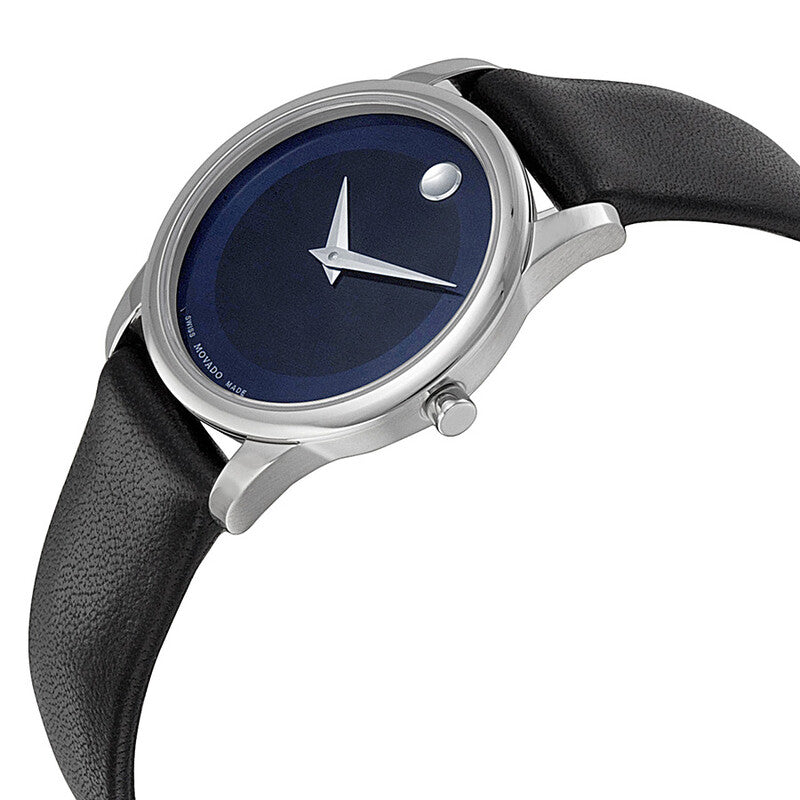 Angled side view of Movado Museum watch showing blue dial and stainless steel bezel