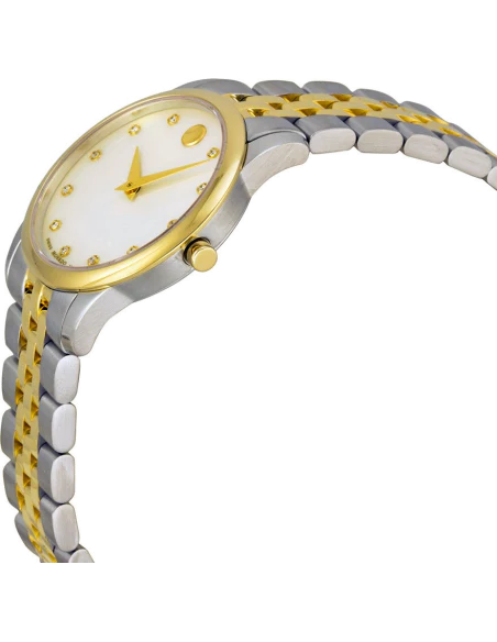 Movado Museum two-tone women's watch shown at angle with mixed metal bracelet