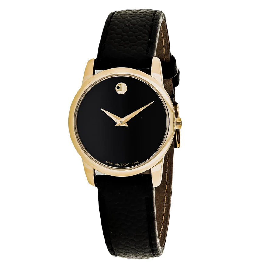 Movado Museum women's watch with black dial, gold-tone case and hands, black leather strap