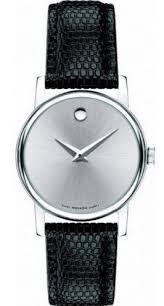 Movado Museum ladies watch with silver dial, stainless steel case, and black leather strap