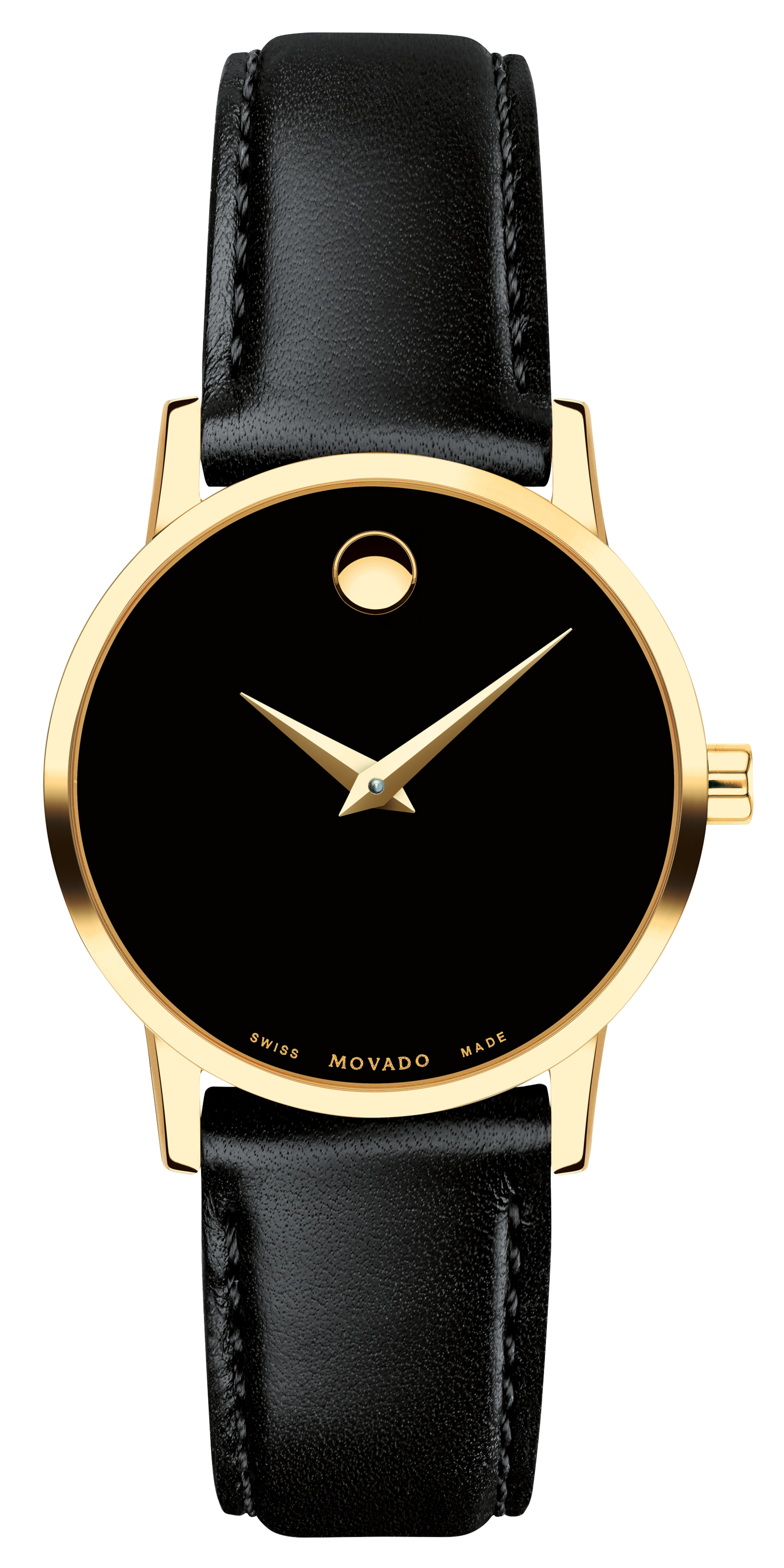 Movado Museum ladies watch with black dial and gold-tone case on black leather strap